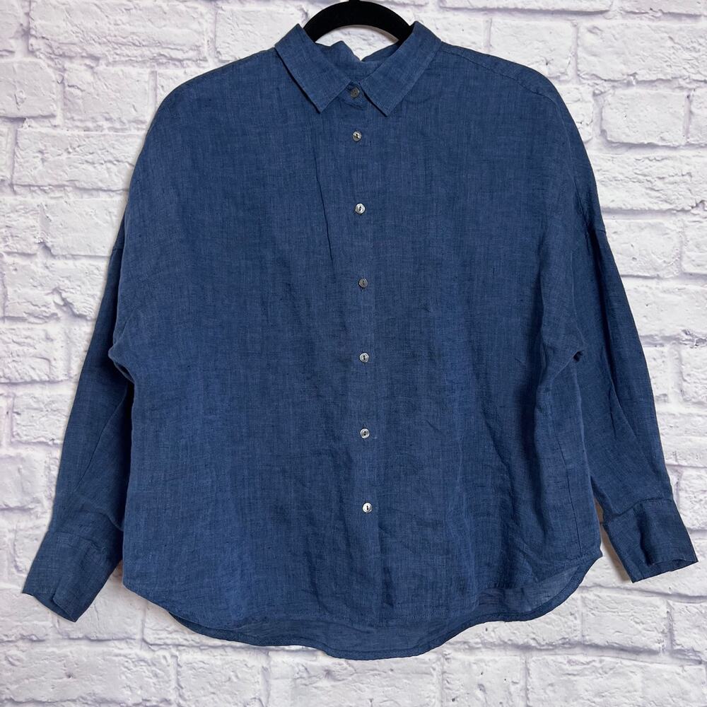 0039 ITALY Lucy Linen Button Down Shirt Size S Blue Long Sleeve Relaxed NWOT